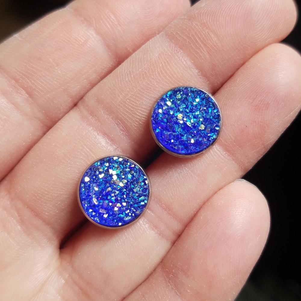 Handmade Vibrant Blue faux-Druzy Studs